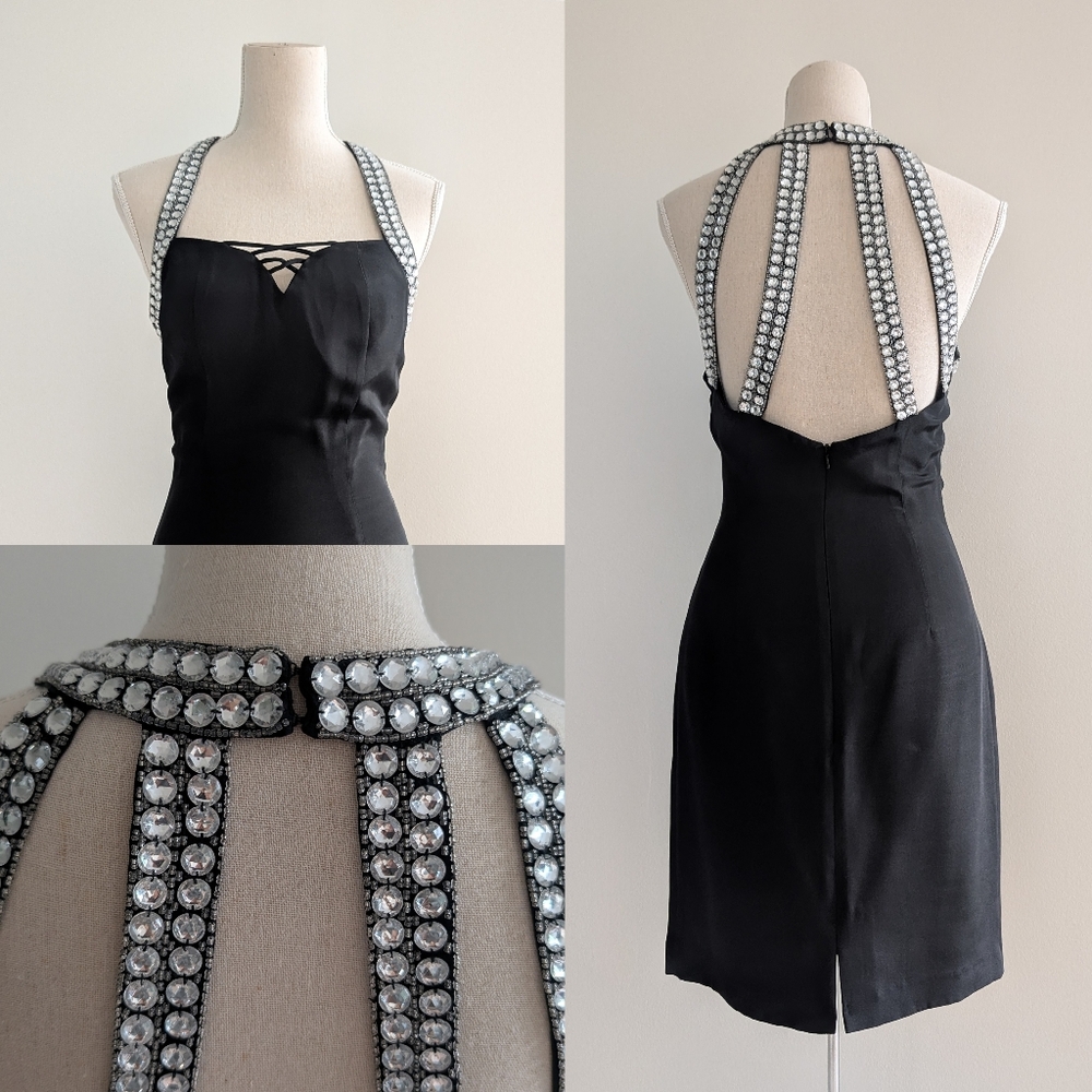Vtg Silk Jeweled Back Cocktail Dress In Black